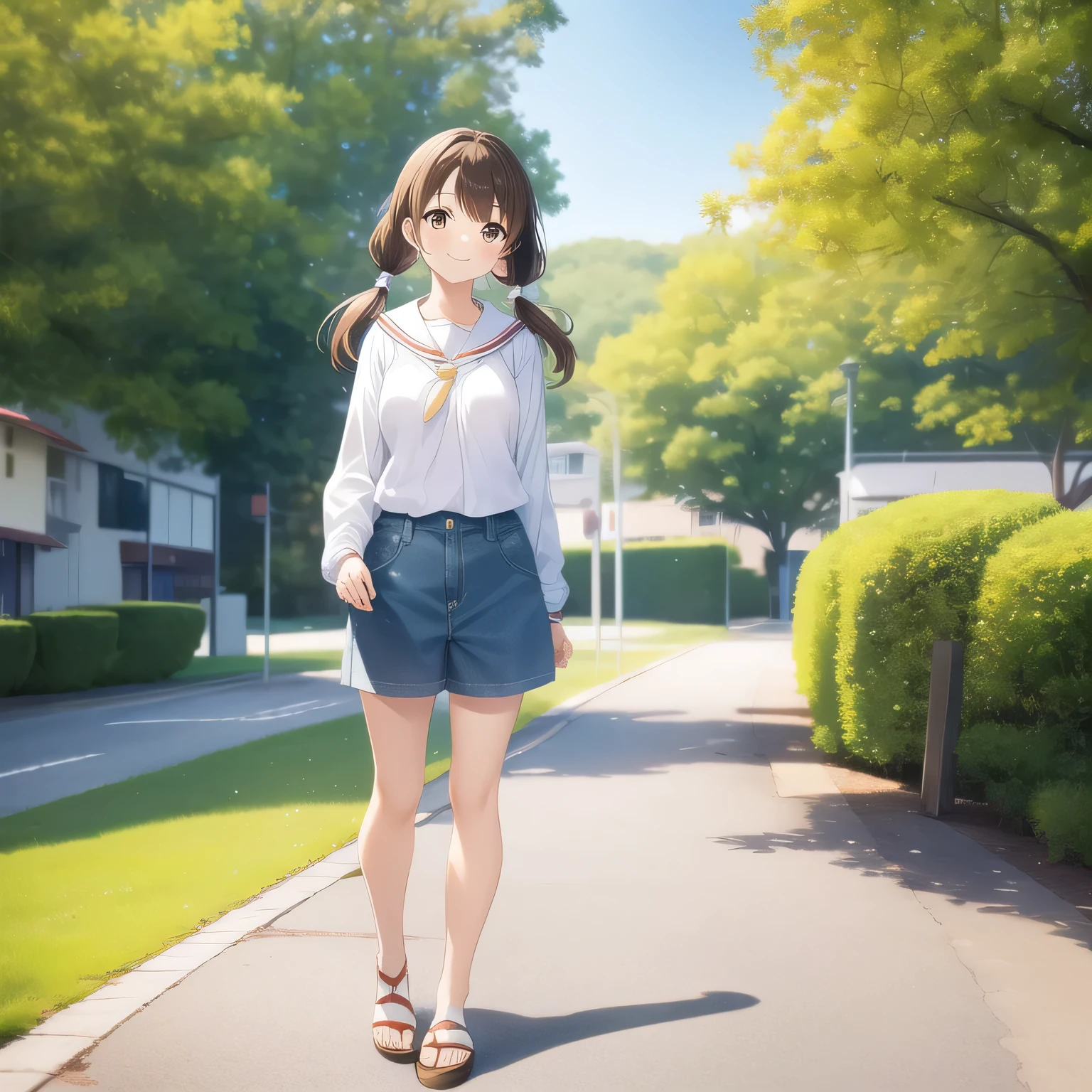 outdoors,
smile,
solo,
AyanaFujisawa,1girl,brown hair,low twintails,brown eyes,
full body,standing,
sailor_collar,white shirt,long sleeves,
denim shorts,
sandals,