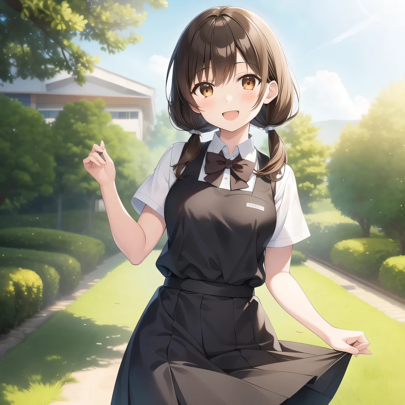 outdoors,
smile,open mouth,
solo,
AyanaFujisawa,1girl,brown hair,low twintails,brown eyes,
black sailor color,white shirt,short_sleeves,bowtie,