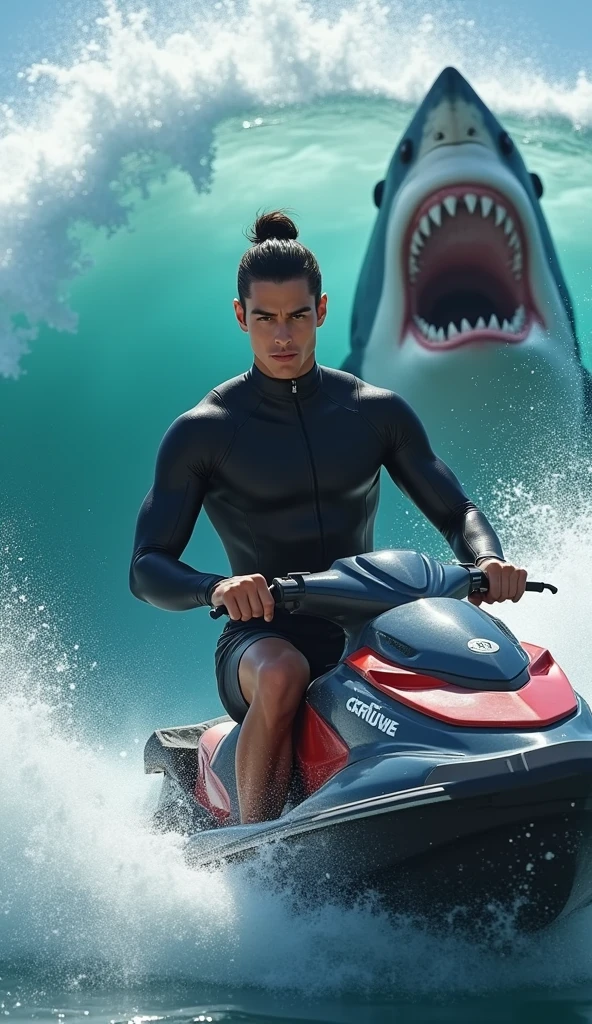 A boy whose body is rubber and wear a strawhat fighting a humanoid shark