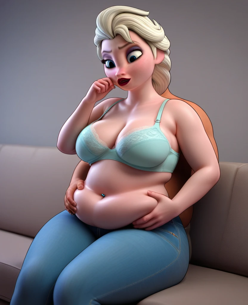 (( 3D, a slim and short Man,a Man pinching elsa's cheeks,A Man pinching and  touching Elsa's Belly )) ,Tall ,slim faced Surprised Elsa,literally gained a plump belly,Trying to wear jeans but they don't fit because she gained put on weight,fullbodyimage,Raised Eyebrows, Plump body,The button on the jeans does not close because of her belly,navel piercing, poochbelly, Her Tight Jeans Cannot Cover Her Hips ,sit on the couch,Red Lips,jeans button popping,triangle body shaped,wearing a bra