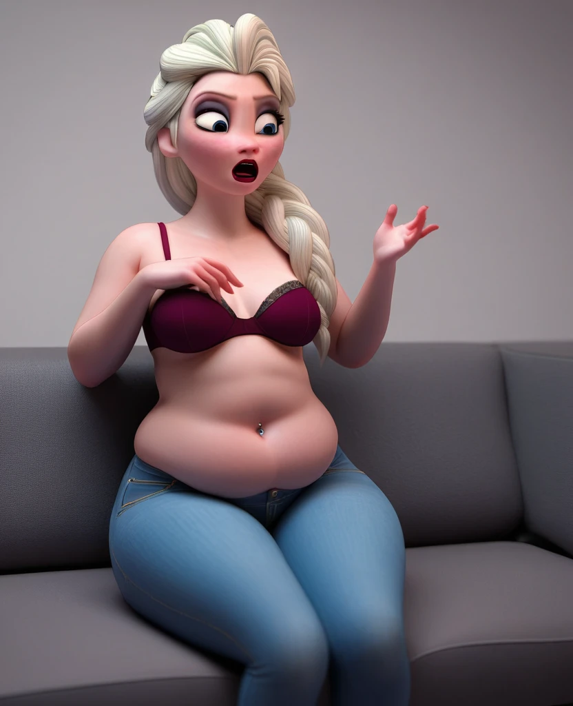 (( 3D, a slim and short Man,a Man pinching elsa's cheeks,A Man pinching and  touching Elsa's Belly )) ,Tall ,slim faced Surprised Elsa,literally gained a plump belly,Trying to wear jeans but they don't fit because she gained put on weight,fullbodyimage,Raised Eyebrows, Plump body,The button on the jeans does not close because of her belly,navel piercing, poochbelly, Her Tight Jeans Cannot Cover Her Hips ,sit on the couch,Red Lips,jeans button popping,triangle body shaped,wearing a bra