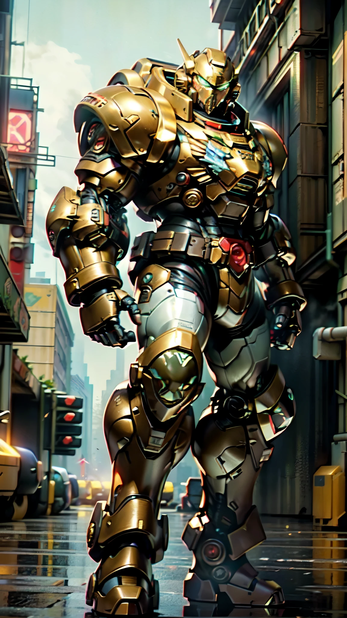 (masterpiece:1.5, best quality:1.5, extremely delicate:1.5), ((male:1.5)), a man wearing a full-face helmet, a biotech armored combat suit, green eyes, (a composite layered chest armor), fully enclosed shoulder guards, matching arm and leg guards, a belt of gemstone, (the color scheme is primarily Red with Silver and Yellow accents), the design balances heavy with agility, a high-tech bio-mecha armor, (Armor Concept Inspired by Space Marines, stand of a futuristic sci-fi city), this character embodies a finely crafted fantasy-style armored hero in anime style, exquisite and mature manga art style, (element, plasma, energy, the armor glows), metallic, high definition, highres, ultra-detailed, ultra-fine painting, professional, perfect body proportions, golden ratio, anatomically correct, symmetrical face, extremely detailed eyes and face, high quality eyes, creativity, RAW photo, UHD, 32k, Natural light, cinematic lighting, masterpiece-anatomy-perfect