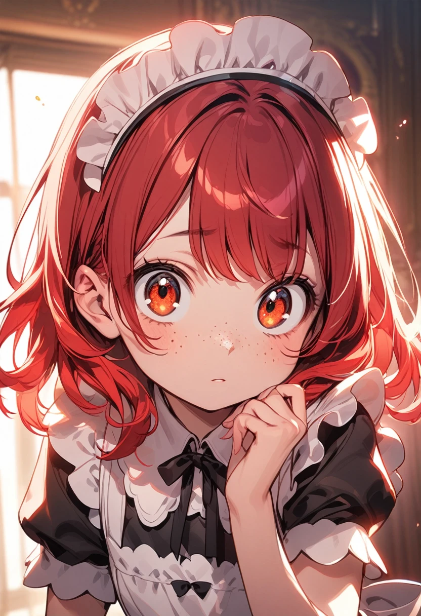 young girl(red hair, freckles, big eyes), maid uniform