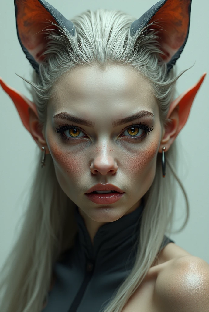 High quality 3D images, realistic details, blurred background, bored expression, eyes glanced contemptuously, cyberpunk tiefling woman with long straight white hair, gray skin, yellow and black eyes, pouty lips, pointed ears, devil horns, bangs wearing dark clothing, portrait illustration, score_9, score_8_up, score_7_up