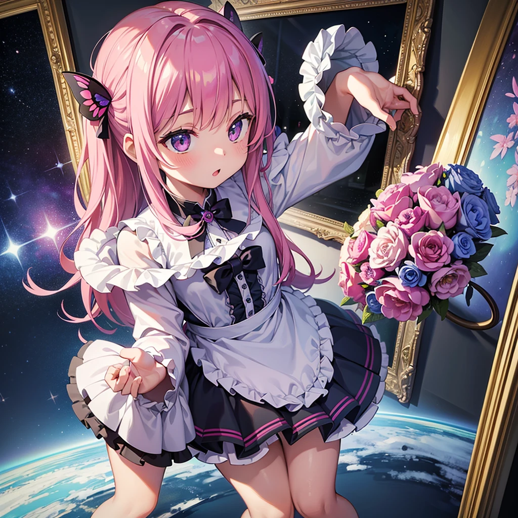 Masterpiece, best quality, high quality, ultra detailed, 😈🛸🪅、Masterpiece、🪅🪅、🌸、🌷、🦋、Space Pattern Picture Frame、Three-dimensional picture frame、Trick Art、cute、Heartwarming、It looks like it&#39;s jumping out due to an optical illusion.、White and pink clawfoot furniture、Princess furniture、