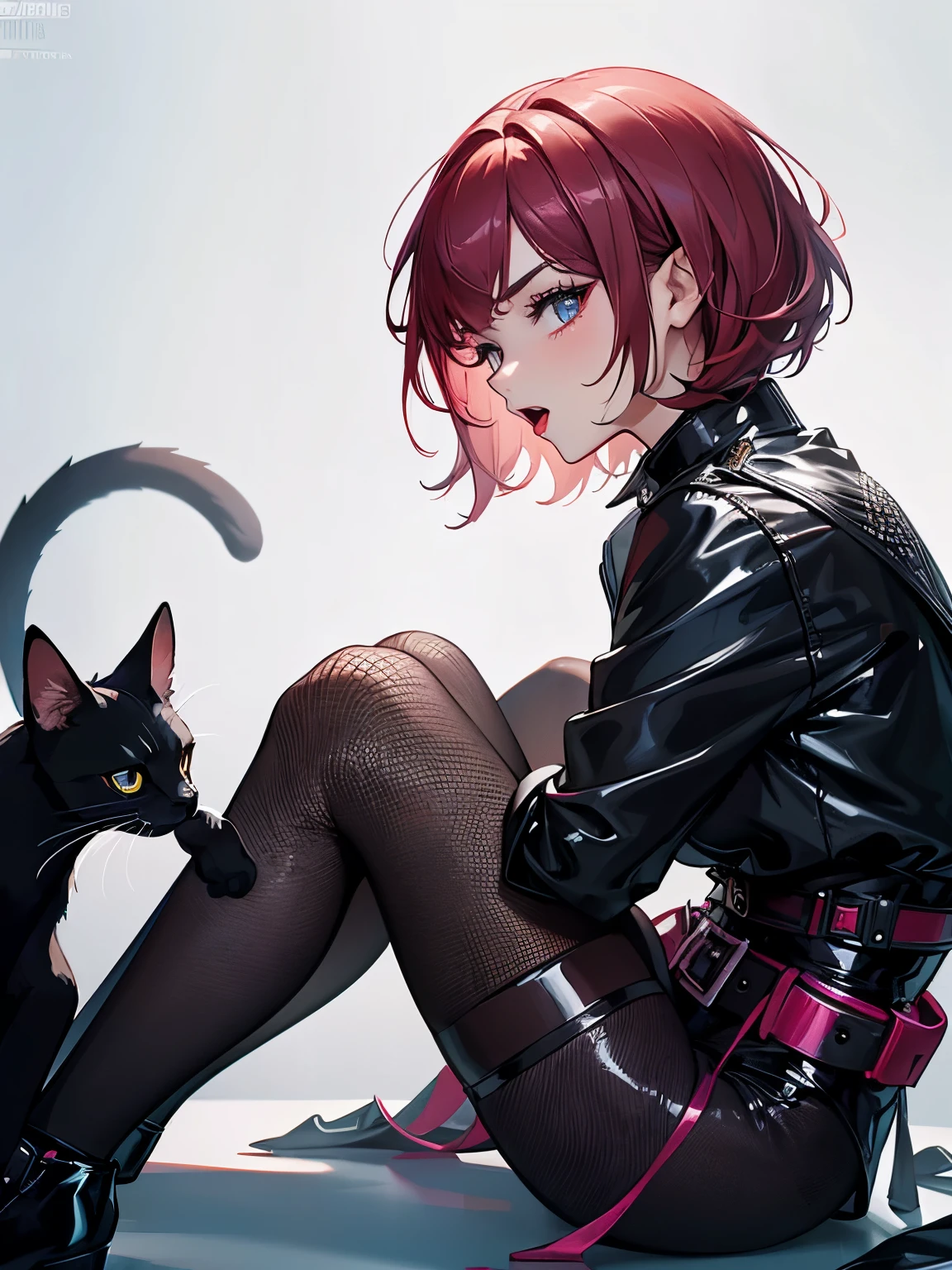 (highest quality:1.2), a 20-years-old girl is facing to a black mechanical cat,  from side view,  a photorealistic cute girl, noble face, open mouth to joy, beautiful faces, European faces like a doll, heavily make-up faces, bright eyes with heavy dark eyeshadow, dark bloody-red lip,Short-cut pink hair, upper body portrait above the knees, wearing long sleeve leotard,tight-fitting and extra shiny black leotard, wearing fishnet bodysuits, wearing red belt. the girl and the black mechanical cat looks each other.
