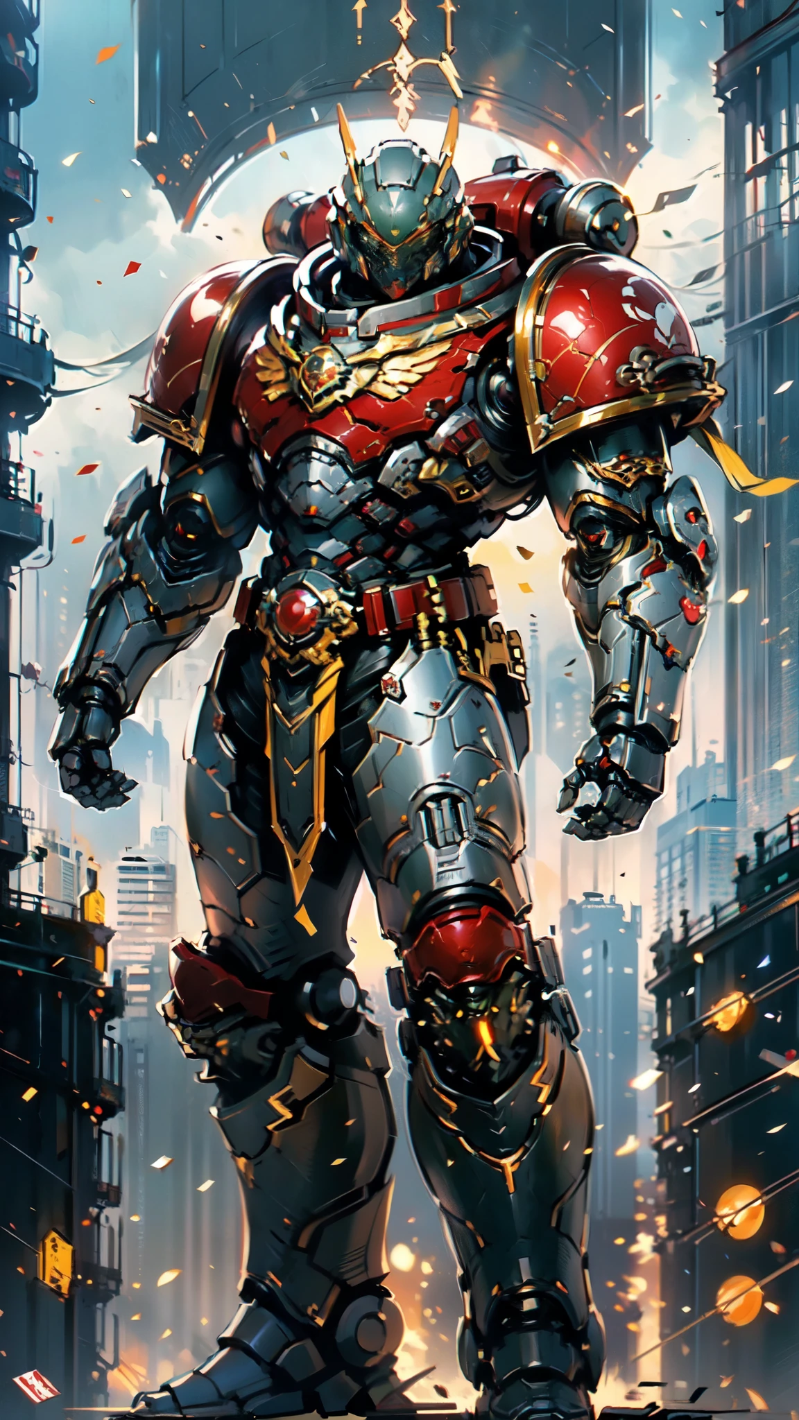 (masterpiece:1.5, best quality:1.5, extremely delicate:1.5), ((male:1.5)), a man wearing a full-face helmet, a biotech armored combat suit, green eyes, (a composite layered chest armor), fully enclosed shoulder guards, matching arm and leg guards, a belt of gemstone, (the color scheme is primarily Red with Silver and Yellow accents), the design balances heavy with agility, a high-tech bio-mecha armor, (Armor Concept Inspired by Space Marines, stand of a futuristic sci-fi city), this character embodies a finely crafted fantasy-style armored hero in anime style, exquisite and mature manga art style, (element, plasma, energy, the armor glows), metallic, high definition, highres, ultra-detailed, ultra-fine painting, professional, perfect body proportions, golden ratio, anatomically correct, symmetrical face, extremely detailed eyes and face, high quality eyes, creativity, RAW photo, UHD, 32k, Natural light, cinematic lighting, masterpiece-anatomy-perfect