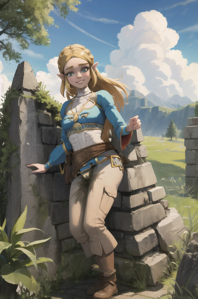 masterpiece, best quality, 1girl, solo, smiling, looking at viewer, shadman, princess Zelda, breath of the wild, blonde hair, peeing herself, pee stain, wet crotch, Anime Style, 