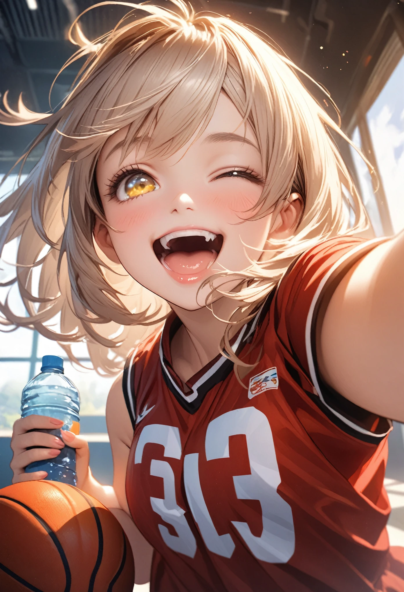 Micro photo. A cute girl with white bob hair and yellow eyes. Cute in the style of Japanese anime illustrations. She is wearing a big red basketball uniform. She is wearing a bash. Realistic background of one person in the gym. fisheye lens. Ultra-high resolution depiction. Dynamic perspective. Laugh with your eyes closed and your mouth open. She is posing for the viewer. Close-up of face, holding towel and plastic bottle.
