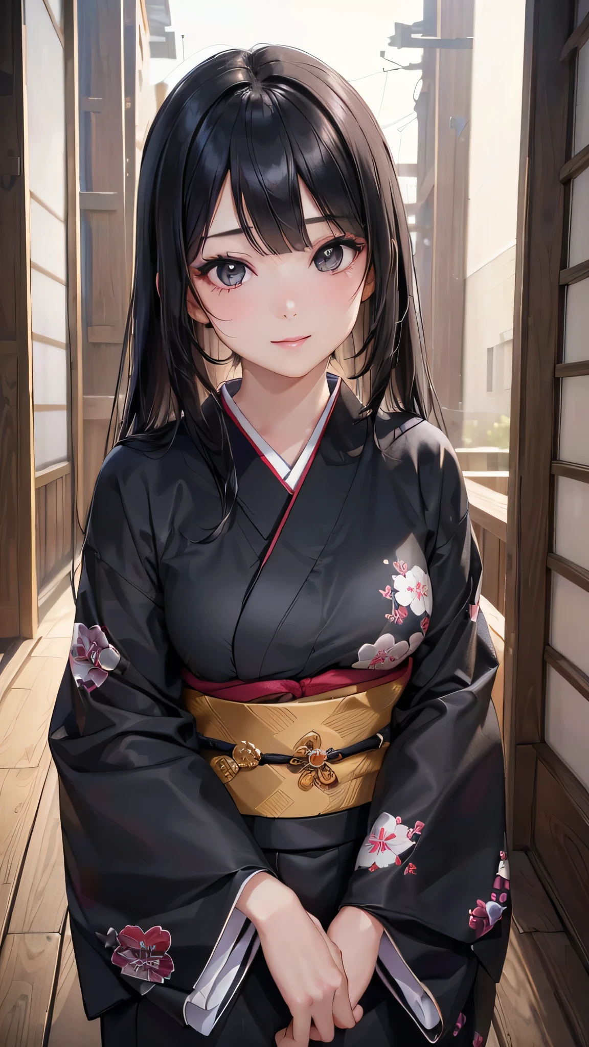 8k resolution,((Highest quality)),Ultra-high resolution,Adult women, (A gentle smile）, (Black eyes), Beautiful and symmetrical face, (Black bangs long hair),Japanese Kimono,kimono skirt,Realistic:1.4,Realistic:1.4,(masterpiece:1.2),（Perfect Eyes,Perfect eyes drawn in detail）,Dark Light