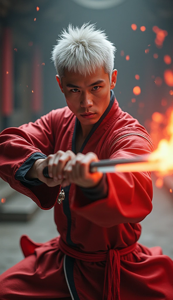 very detailed and realistic photo, HD quality, 4K, a man expert in traditional Javanese Indonesian martial arts. 50 years old, sturdy body slightly muscular, short black hair, position facing the camera, with a horse stance, right hand holding a sword fire and left hand clenched crossed in front of the chest, wearing a white t-shirt, black pants and traditional Javanese shoes, in a dimly lit room full of mystical nuances there is white smoke, behind the person's standing position there is a very exotic fire dragon, showing the dragon moves demonstrated by the martial arts expert. A young Indonesian girl facing the camera appears, clean smooth skin, loose black hair with a red and white Indonesia flag headband wearing a tight white t-shirt and sexy short bottoms wearing traditional Javanese Indonesian shoes sitting half cross-legged in front of the martial arts expert. make it in detail and very complicated and very clear, realistic and sharp.