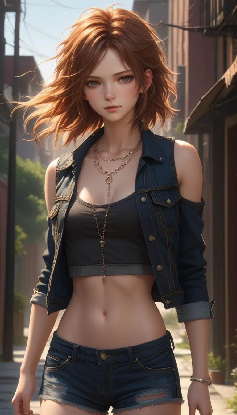 ((medium chest, long hair, small head)), daylight, sunlight, (well-defined abs: 1.1), (perfect body: 1.1), (short wavy hair: 1.2), russet hair, collar, chain, full body photo, shabby street, wearing a black tank top, denim jacket, ((shorts)), (extremely detailed CG 8k wallpaper), (extremely delicate and beautiful), (masterpiece), (Best Quality: 1.0), (Ultra Resolution: 1.0), Beautiful Lighting, Perfect Lightning, Realistic Shadows, [High Resolution], Detailed Skins, Ultra Detailed