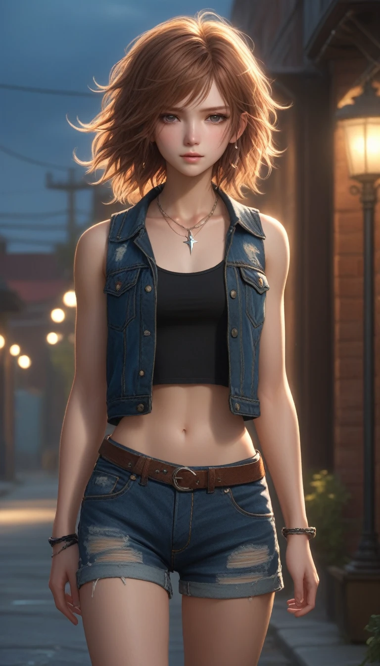 ((medium chest, long hair, small head)), daylight, sunlight, (well-defined abs: 1.1), (perfect body: 1.1), (short wavy hair: 1.2), russet hair, collar, chain, full body photo, shabby street, wearing a black tank top, denim jacket, ((shorts)), (extremely detailed CG 8k wallpaper), (extremely delicate and beautiful), (masterpiece), (Best Quality: 1.0), (Ultra Resolution: 1.0), Beautiful Lighting, Perfect Lightning, Realistic Shadows, [High Resolution], Detailed Skins, Ultra Detailed