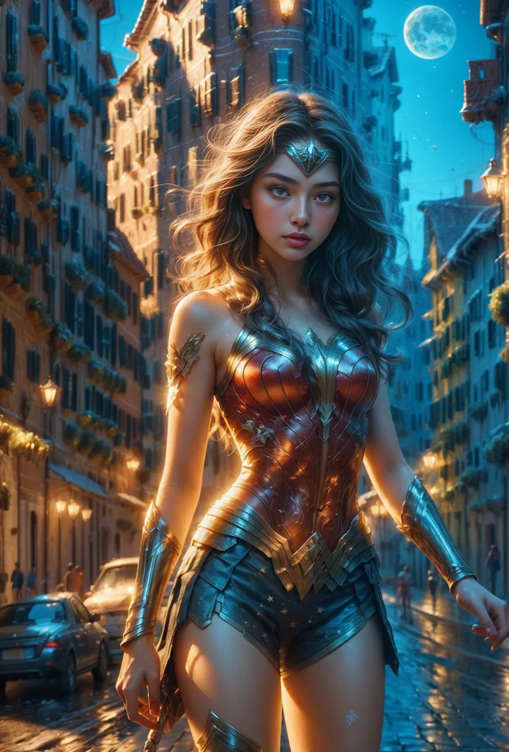 (Ultra surreal, Realistic illustrations, realistic photo), (masterpiece), (best quality), (official art, Very detailed CG Unity 8k 벽지), (Very detailed), ((absurd)), 1 girl, perfect symmetry beautiful face, Wonder Woman Suit, Short curly hair, blonde hair, beautiful face, masterpiece, exquisite details, complete anatomy, Battle stance, Stars in the Snow, perfect symmetry, (((Colored foam))), Colorful glass, (The vastness of space, dramatic lighting), Soft light, cinematic,