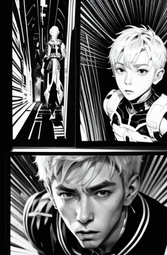 comics、Black and White、Anime boy protagonist in futuristic clothing、White Hair、Cyberpunk Anime Boy, Boy in Mecha Cyber Armor、