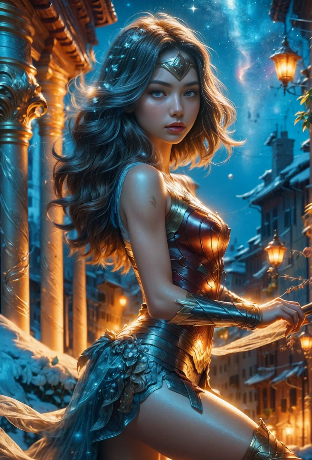 (Ultra surreal, Realistic illustrations, realistic photo), (masterpiece), (best quality), (official art, Very detailed CG Unity 8k 벽지), (Very detailed), ((absurd)), 1 girl, perfect symmetry beautiful face, Wonder Woman Suit, Short curly hair, blonde hair, beautiful face, masterpiece, exquisite details, complete anatomy, Battle stance, Stars in the Snow, perfect symmetry, (((Colored foam))), Colorful glass, ((background_The vastness of space, dramatic lighting)), Soft light, cinematic,