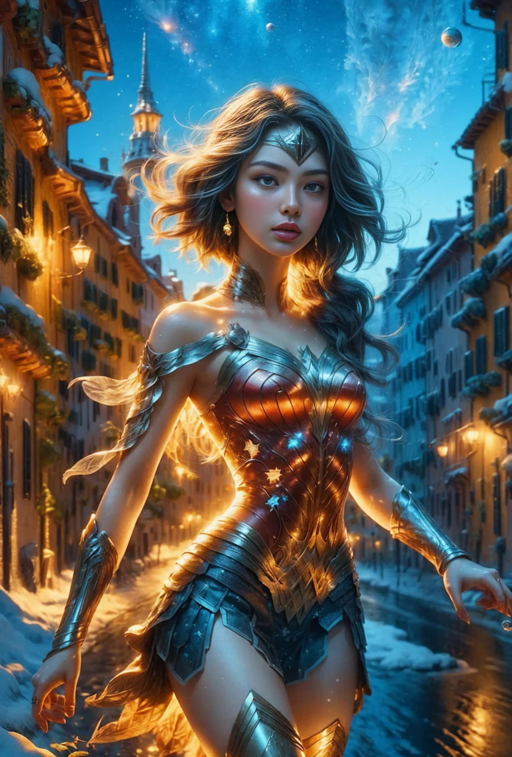 (Ultra surreal, Realistic illustrations, realistic photo), (masterpiece), (best quality), (official art, Very detailed CG Unity 8k 벽지), (Very detailed), ((absurd)), 1 girl, perfect symmetry beautiful face, Wonder Woman Suit, Short curly hair, blonde hair, beautiful face, masterpiece, exquisite details, complete anatomy, Battle stance, Stars in the Snow, Colorful bubbles of all kinds, glass, perfect symmetry, (((Colored foam))), 다채로운 glass, (The vastness of space, dramatic lighting), Soft light, cinematic,