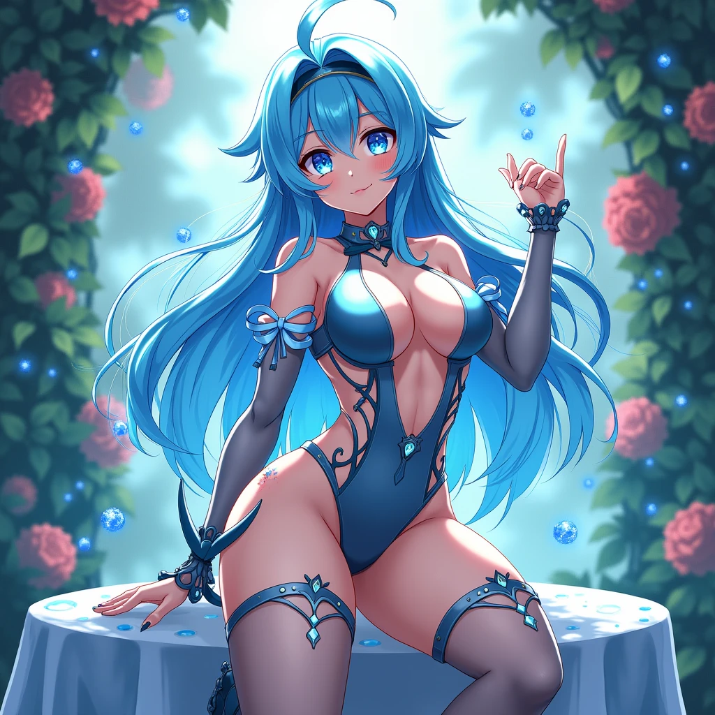 (best quality,4k,highres:1.2),ultra-detailed,(realistic:1.37), (portrait)
A sexy 19 year old beast tamer with (beautiful detailed eyes, (long black ponytail), aqua blue eyes and charming smile), wearing a (black Choker Collar), (top), (short shorts) and (black thigh highs), standing in town square. The beast tamer is (bending slightly forward) while having a small and adorable pet slime by her.
The town square fountain in the fantasy world, creating a peaceful and enchanting atmosphere. Sunlight gently illuminates the scene, casting soft shadows on the ground. The beast tamer's (shapely figure and confident posture) exude grace and allure.
Her (meticulously sculpted facial features) with glowing (beautiful eyes, aqua blue color) and glossy (luscious lips) captivate anyone who gazes upon her. The long black ponytail cascades down her back, adding to her wild and mystical aura.
The Choker Collar around her neck adds a touch of elegance and intrigue. It perfectly complements her (short top) and (flattering shorts), emphasizing her youthful beauty and confidence. The (thigh highs) embrace her thick legs, completing the alluring ensemble.
As she (bends slightly forward), her pet slime, a cute and friendly creature with a vibrant color, looks up at her with adoration. The pet slime's body glistens in the sunlight, reflecting the vibrant colors of nature around it.
The entire scene is rendered with (physically-based rendering), bringing out the smallest details and textures. The colors are (vivid and saturated), creating a visually striking and immersive experience. The (sharp focus) ensures every element in the image is clear and highly defined.
This artwork depicts the perfect balance between sensuality, strength, and the mystical world of the beast tamer. It showcases the artist's skillful technique and the beauty of the human form. ((--SeaArt 2.0:1.3))