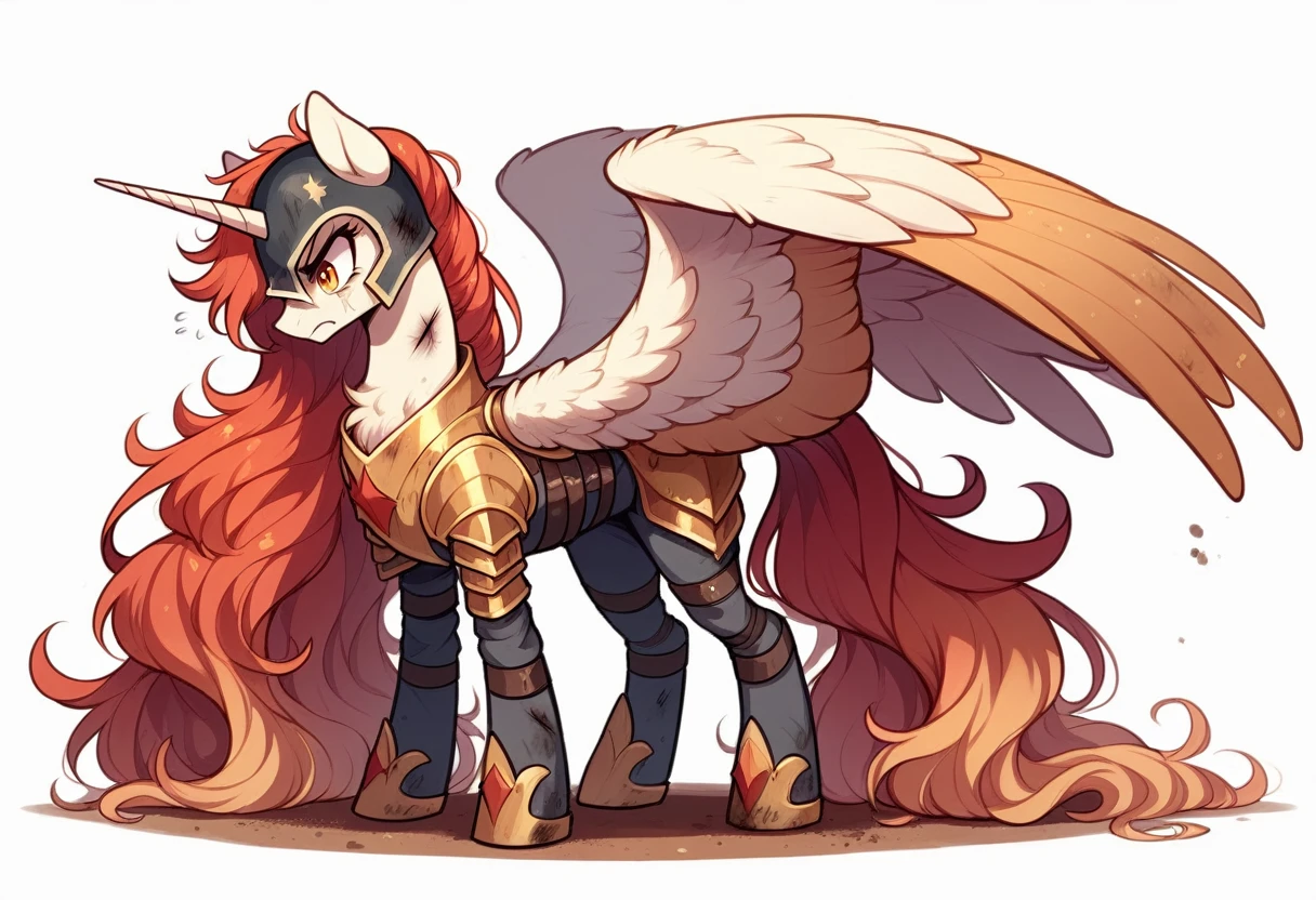 Design a strong《My Little Pony》Role，Female adult Alicorn，Light white gold fur，Very tall，Has long flowing hair and a tail，The hair and tail are orange gradually changing to gold，The wings have a golden gradient at the end，There is a red five-pointed star pattern in the middle of the golden pupil，Wearing heavy but tattered armor，Wearing a tattered helmet，Seriously injured，The whole body is scarred，Full of dirt，Angry expression，Pure white background。