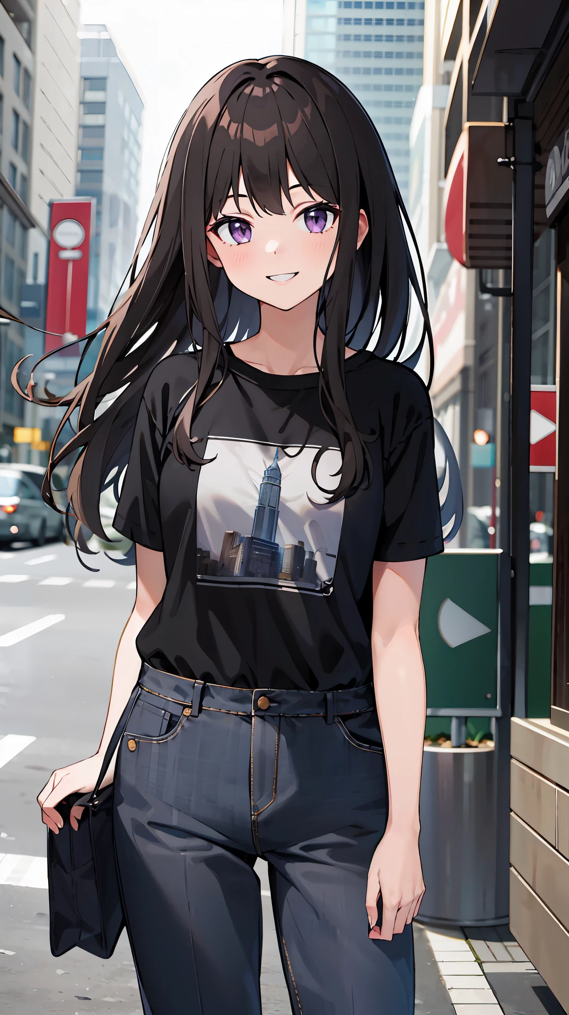 ((masterpiece, best quality, highres)), depth of field, 
BREAK, 1girl, standing, cowboy shot, smile
BREAK, (outdoor, city),   
BREAK, takina inoue, purple eyes, black hair, long hair, 
BREAK, private clothes, T-shirt, pants,