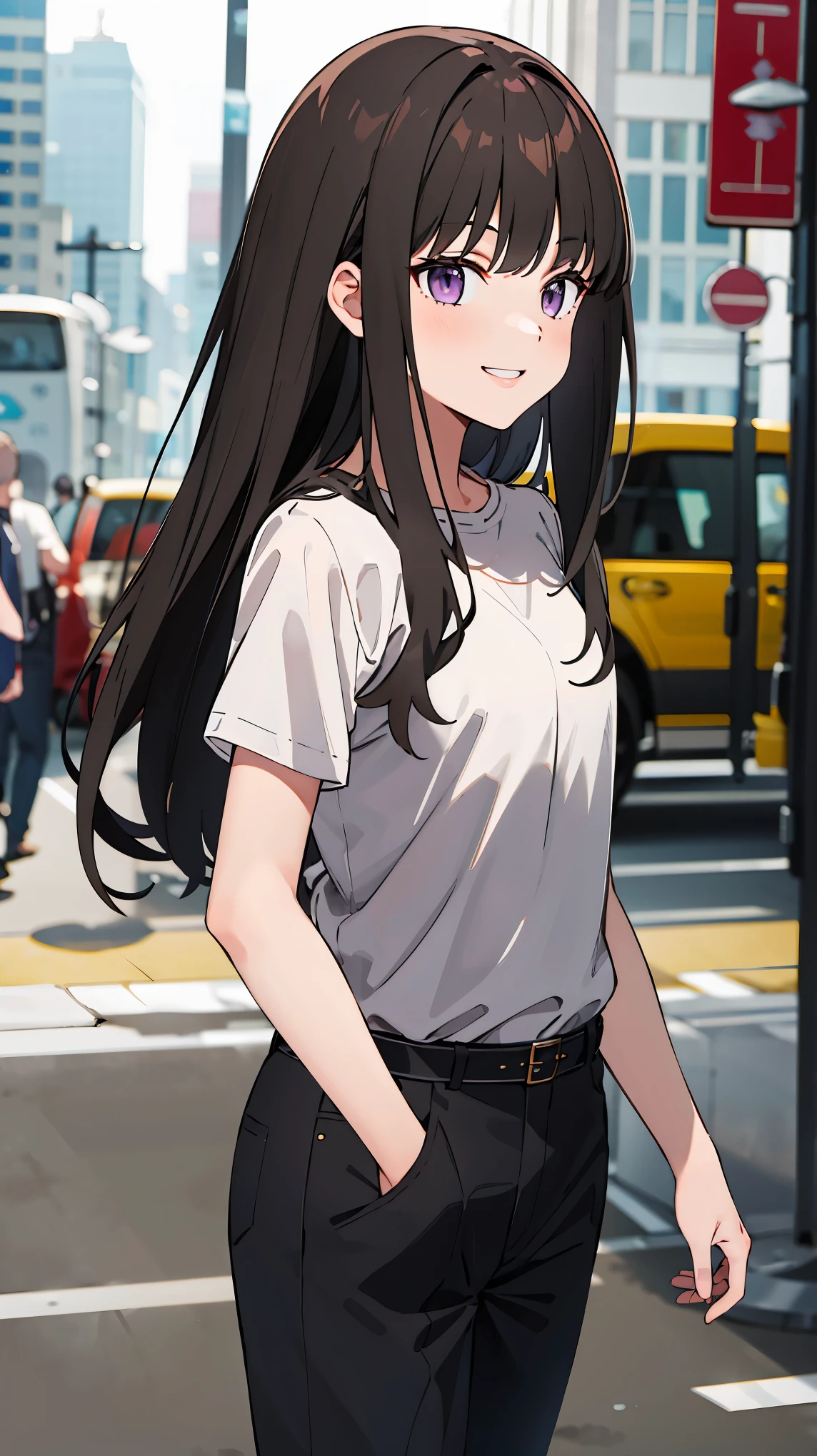 ((masterpiece, best quality, highres)), depth of field, 
BREAK, 1girl, standing, cowboy shot, smile
BREAK, (outdoor, city),   
BREAK, takina inoue, purple eyes, black hair, long hair, 
BREAK, private clothes, T-shirt, pants,