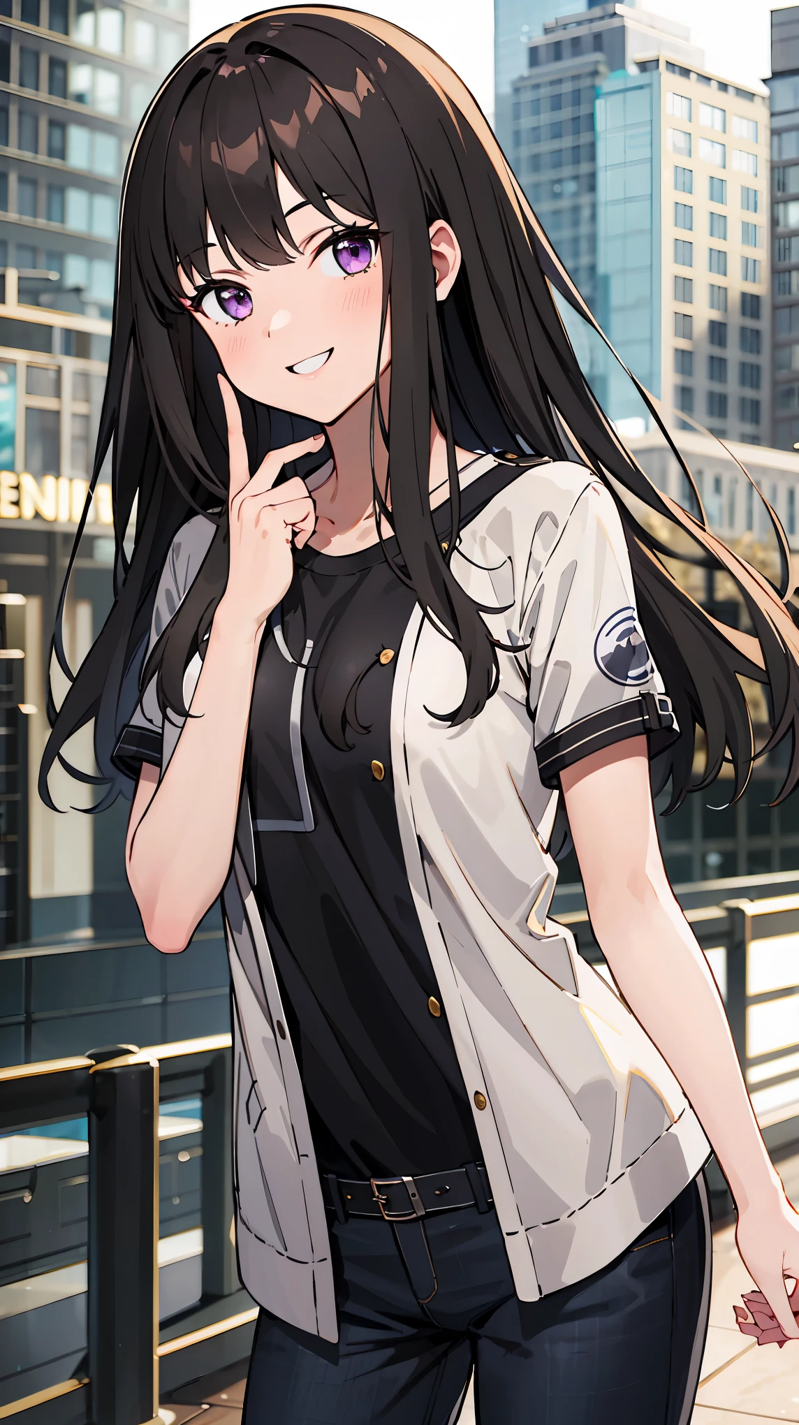 ((masterpiece, best quality, highres)), depth of field, 
BREAK, 1girl, standing, cowboy shot, smile
BREAK, (outdoor, city),   
BREAK, takina inoue, purple eyes, black hair, long hair, 
BREAK, private clothes, T-shirt, pants,