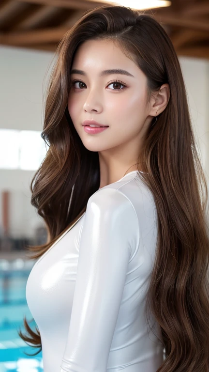 Latex bodysuit、Knee-high boots、Huge 、Long brown hair、Shiny, Oily skin、Glowing Skin、Indoor competition pool、White skin、Flying debris, Highest quality, Realistic, Very detailed, finely, High resolution, 8K デンデ wallpaper, One beautiful woman,, Light brown messy hair, Wear a business suit, Sharp focus, Perfect dynamic composition, Beautiful and detailed, Detailed Hair, Detailed Realistic skin texture, smile, Close-up portrait, Model body type