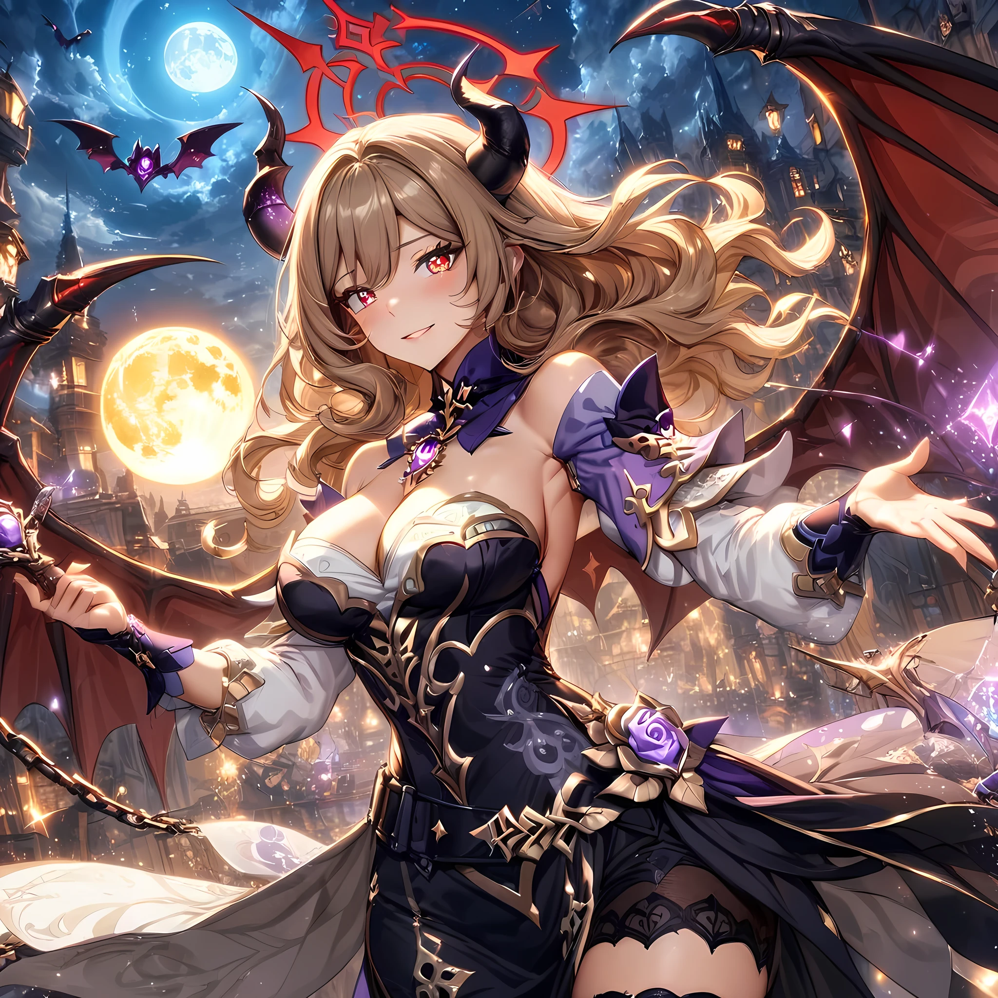 (masterpiece), best quality, expressive eyes, perfect face,1girl,lisa,genshin impact,(mature woman),big breasts,blonde hair,wavy hair,glowing pupils,bats in the sky,devil,(long devil horns),(large devil wings),black leotard,(black elegant dress),detached sleeves,purple jewels,chains,(showgirl skirt:1.2),black thighhigh heels,chains cover the sky,red full moon,(dark red halo),sadistic smile,flying towards the viewer,cowboy shot,BREAK dynamic angle,studio lighting,(sparkle:0.9),(glitter:0.9),magical circles