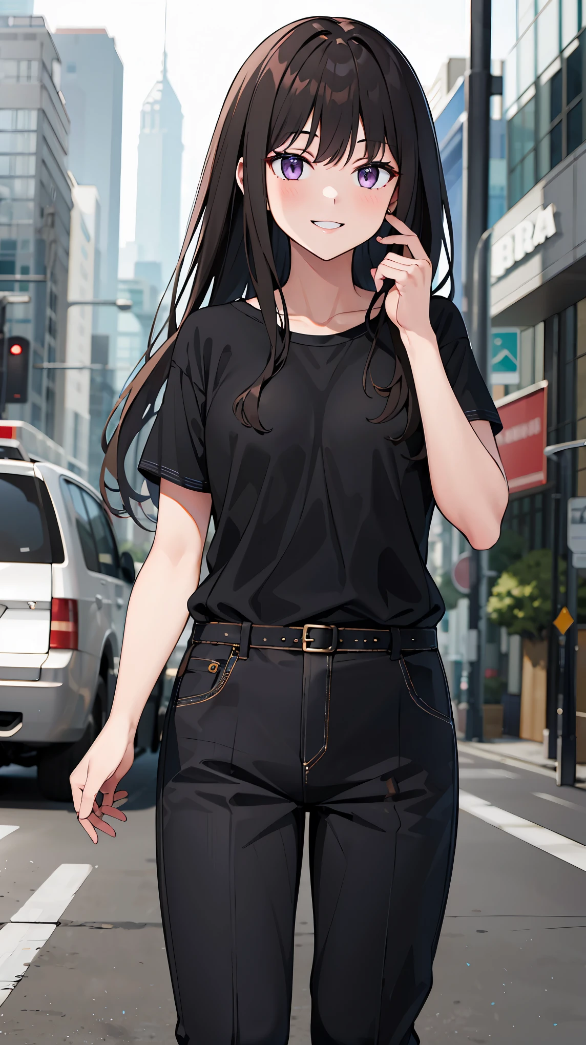 ((masterpiece, best quality, highres)), depth of field, 
BREAK, 1girl, standing, cowboy shot, smile
BREAK, (outdoor, city),   
BREAK, takina inoue, purple eyes, black hair, long hair, 
BREAK, private clothes, T-shirt, pants,