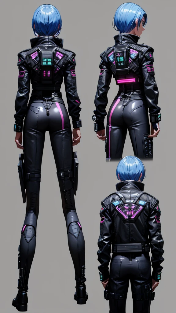 Young man in front, Side and rear views、Cyberpunk、A character model sheet depicting the same character from three angles