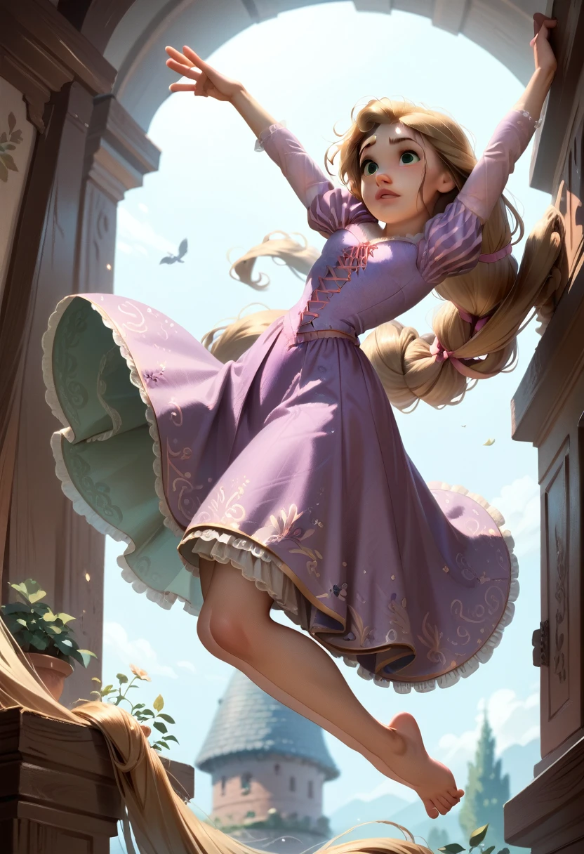 Rapunzel nude with her feet in the air 