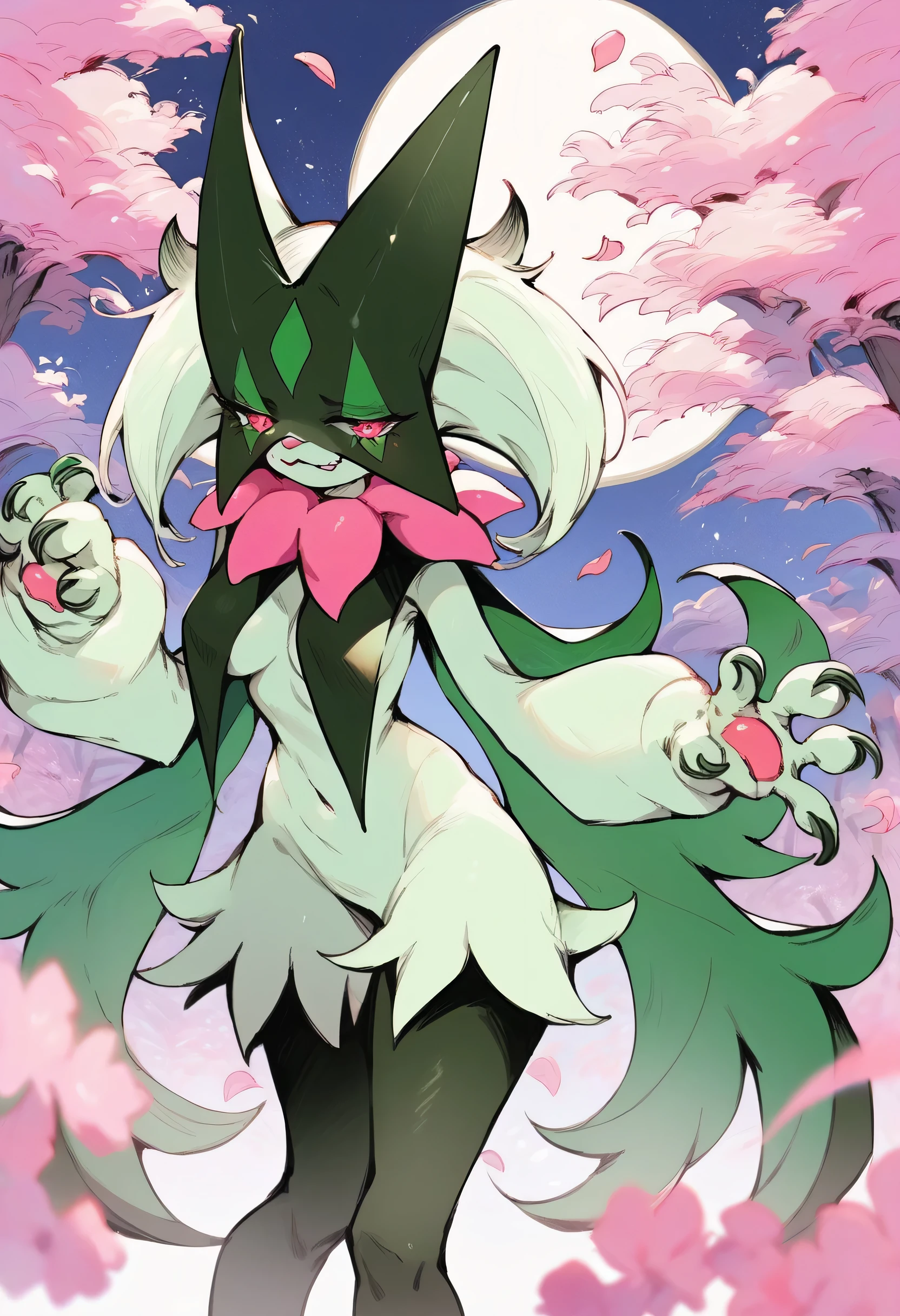 Female Meowscarada,mid breast,solo,pokemon,standing And shrugged pose,smile,night sky, Standing under the cherry blossom tree, around Flower field ,pink glowing eye,full body, big full moon and mountain background