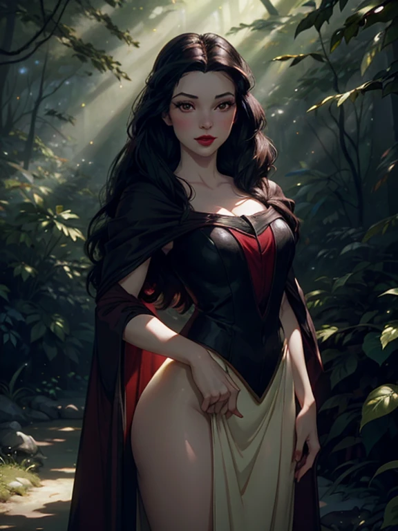 A beautiful young woman with pale skin, ruby red lips, and long black hair, Snow White, standing in a lush forest surrounded by adorable forest animals such as deer, rabbits, and birds, all beautifully detailed, photorealistic, 8k, masterpiece, highly detailed, cinematic lighting, warm color palette, magical fantasy atmosphere