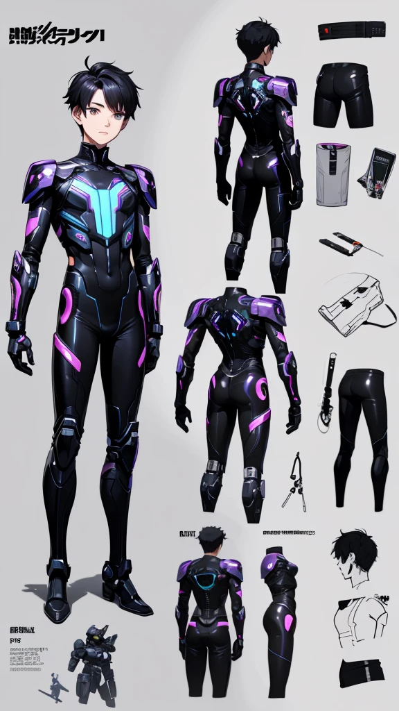 Young man in front, Side and rear views、Cyberpunk、A character model sheet depicting the same character from three angles、whole body,  Anime boy in futuristic clothing, Cyberpunkアニメ少年, Boy in Mecha Cyber Armor.