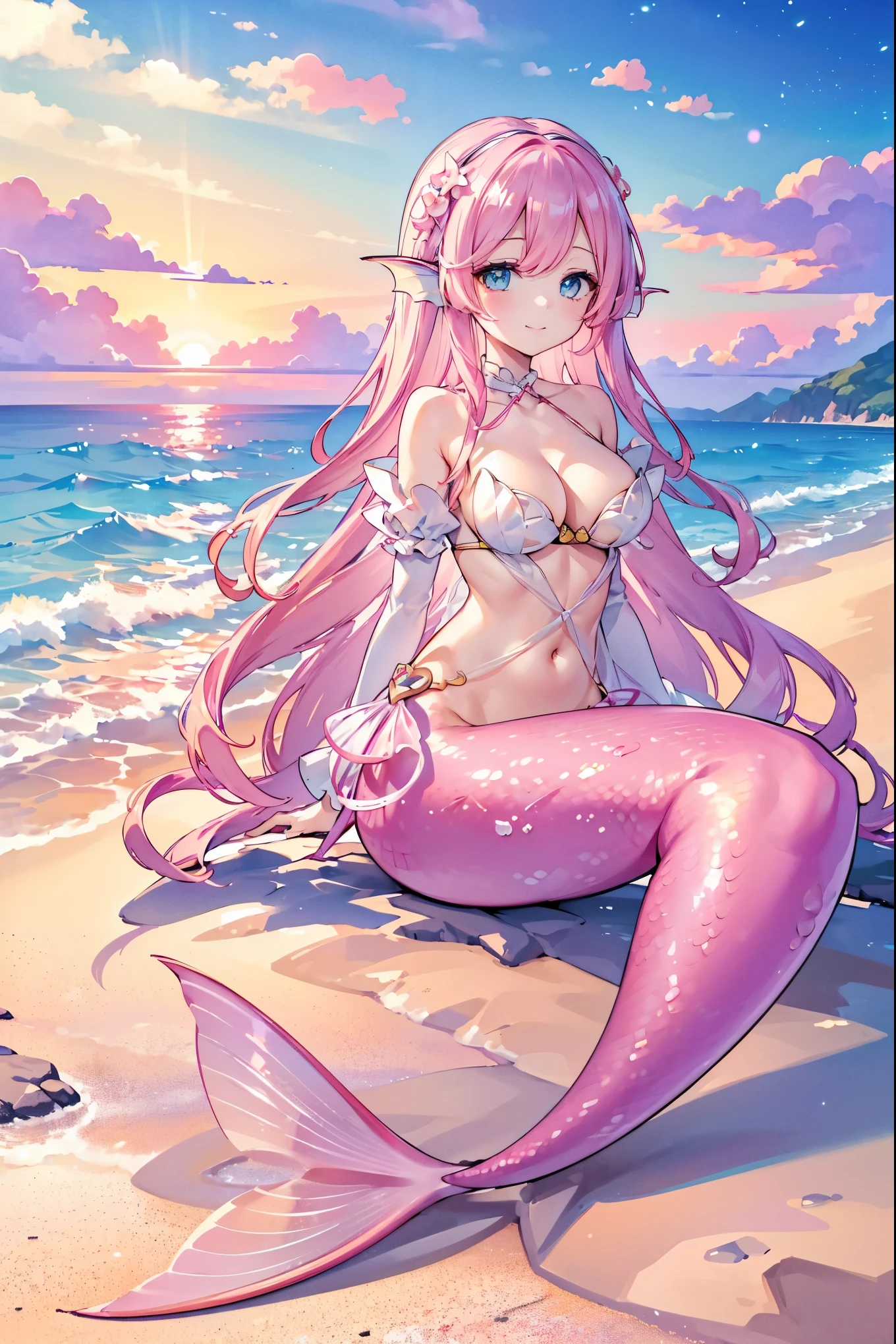 (masterpiece, best quality),A girl,Pink Hair,Hair accessories,White Dress,blue eyes,Head fin,Unique,Large Breasts,Mermaid,粉色的Mermaid尾巴,Full body shot,beach,Sea view,Night view,Sitting on the beach,charming face(Kawaii, charming,Soft),Smile