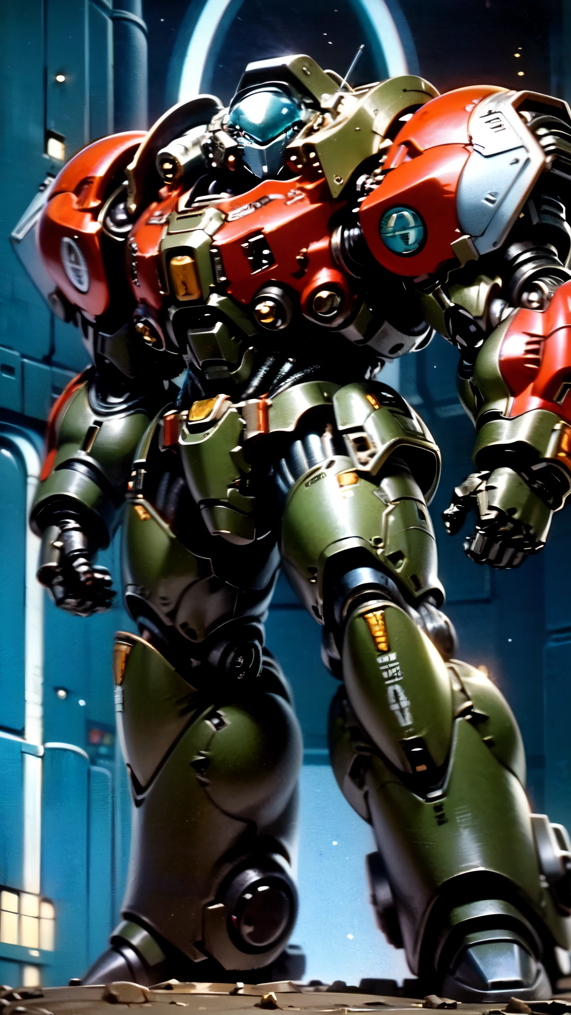 (masterpiece:1.5, best quality:1.5, extremely delicate:1.5), ((male:1.5)), a man wearing a full-face helmet, a biotech armored combat suit, green eyes, (a composite layered chest armor), fully enclosed shoulder guards, matching arm and leg guards, a belt of gemstone, (the color scheme is primarily Red with Silver and Green accents), the design balances heavy with agility, a high-tech bio-mecha armor, (Armor Concept Inspired by Space Marines, stand of a futuristic sci-fi city), this character embodies a finely crafted fantasy-style armored hero in anime style, exquisite and mature manga art style, (element, plasma, energy, the armor glows), metallic, high definition, highres, ultra-detailed, ultra-fine painting, professional, perfect body proportions, golden ratio, anatomically correct, symmetrical face, extremely detailed eyes and face, high quality eyes, creativity, RAW photo, UHD, 32k, Natural light, cinematic lighting, masterpiece-anatomy-perfect