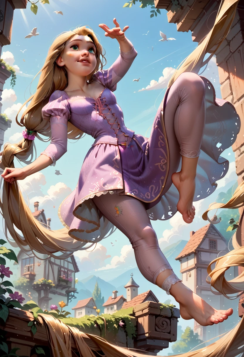 Rapunzel nude with her feet in the air 