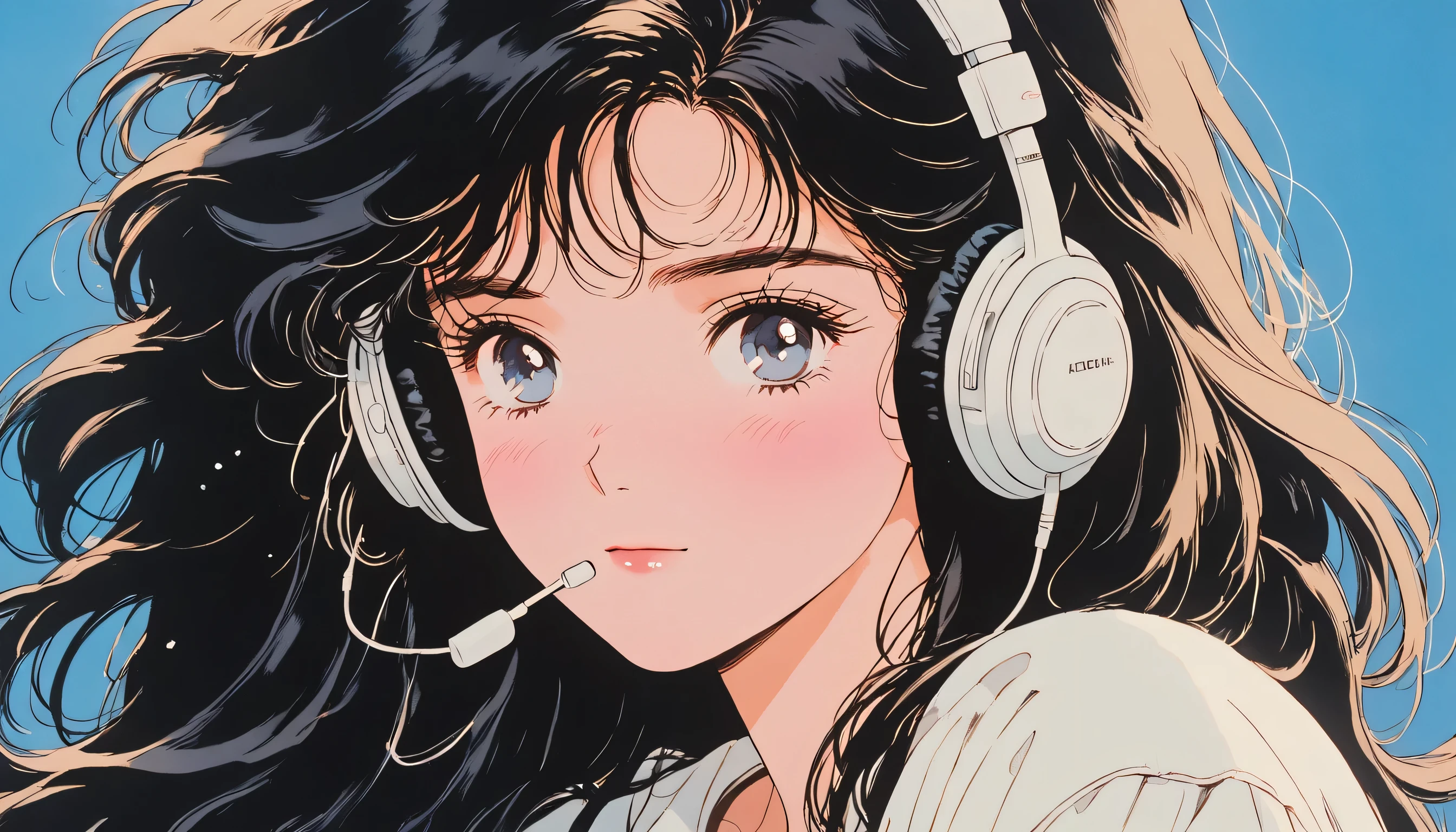 (90's anime style,1990s style,1970s anime,clear, (blush:1.7), the highest quality, 8k, 1980s style, black hair, long hair, light brown eyes, skin white as snow, wearing 1980s white clothes, Anime girl sitting on a chair with headphones, upper shot, close up, smiling, 1 woman, Only, lofi girl, lofi art, Lofi Feeling. The background is solid blue with no other elements, looking at the viewer, very big eyes