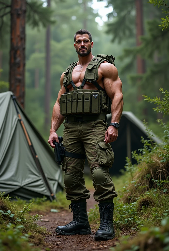 Ultra-high image quality, realistic and strong male features, a man inspired by Henry Cavill as Wolverine, Muscular man, detailed vein muscles, ripped man with camouflage pants and cap standing in the forest, male soldier in the forest, rugged male ranger, male and strong, muscular men, robust soldier, Muscular body, muscular male, muscular, muscular bodies, sexy Muscular body, tall and muscular, mid shot of a handsome guy, strong masculine features, slim and muscular build, very muscular, perfect abdomen extremely hot and sexy, Full body view (front view), diffuse light, location: standing in the forest, male soldier in the forest, dramatic light,, color photo, (frank human skin), skin