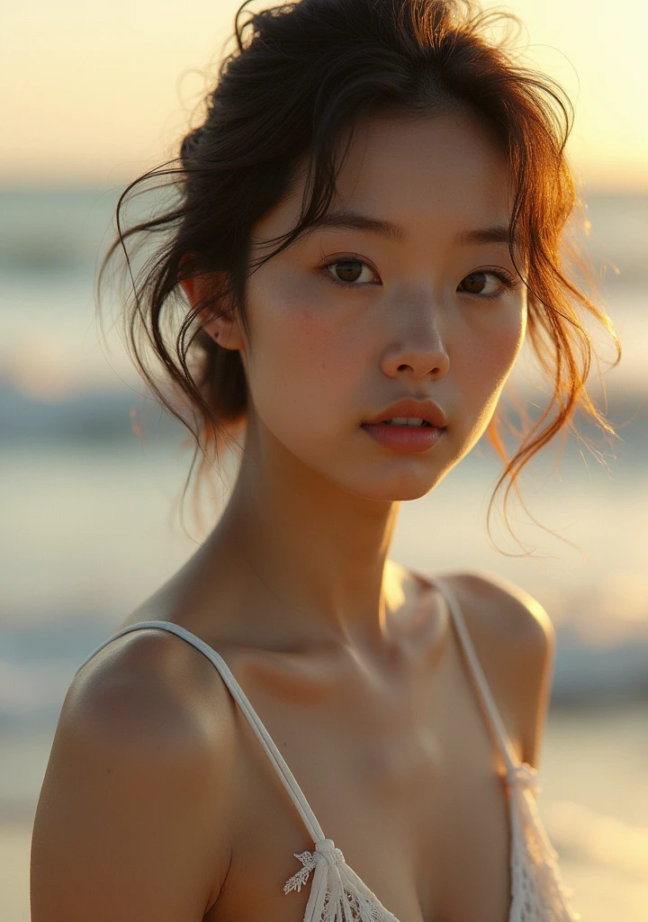 “A stunning Japanese woman with facial features resembling those of Masami Nagasawa, focusing on her serene and elegant face with almond-shaped eyes, soft high cheekbones, and a warm, inviting smile. Her skin appears lifelike, smooth with a natural glow, as if illuminated by the soft light of the setting sun. She is wearing elegant lingerie with delicate lace details, perfectly complementing her figure. The background features a tranquil ocean with gentle waves and a warm, golden horizon. The scene is realistic, with the sunlight reflecting off the water and casting soft shadows on her skin, highlighting her natural beauty in this serene seaside setting.”