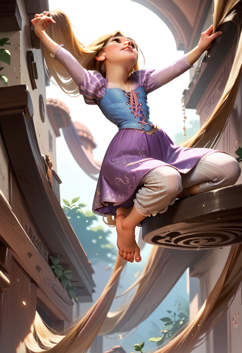 Rapunzel nude with her feet in the air, small boobs