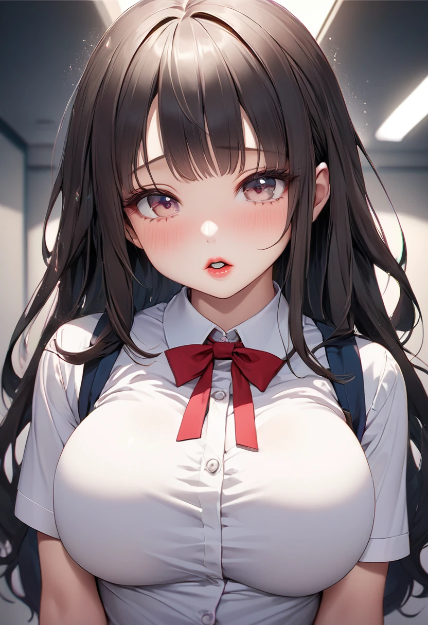 Sister, wearing school uniform, wet and bra see-through, 8K, Best quality, 14 years old, looking at camera, red cheeks, embarrassed, delicate hands, own room, I like my brother, I put my brother's hand on my chest