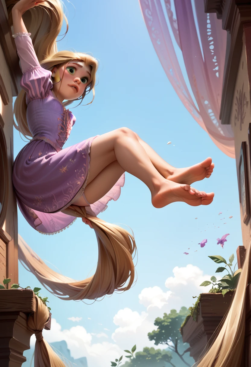 Rapunzel nude with her feet in the air, small boobs