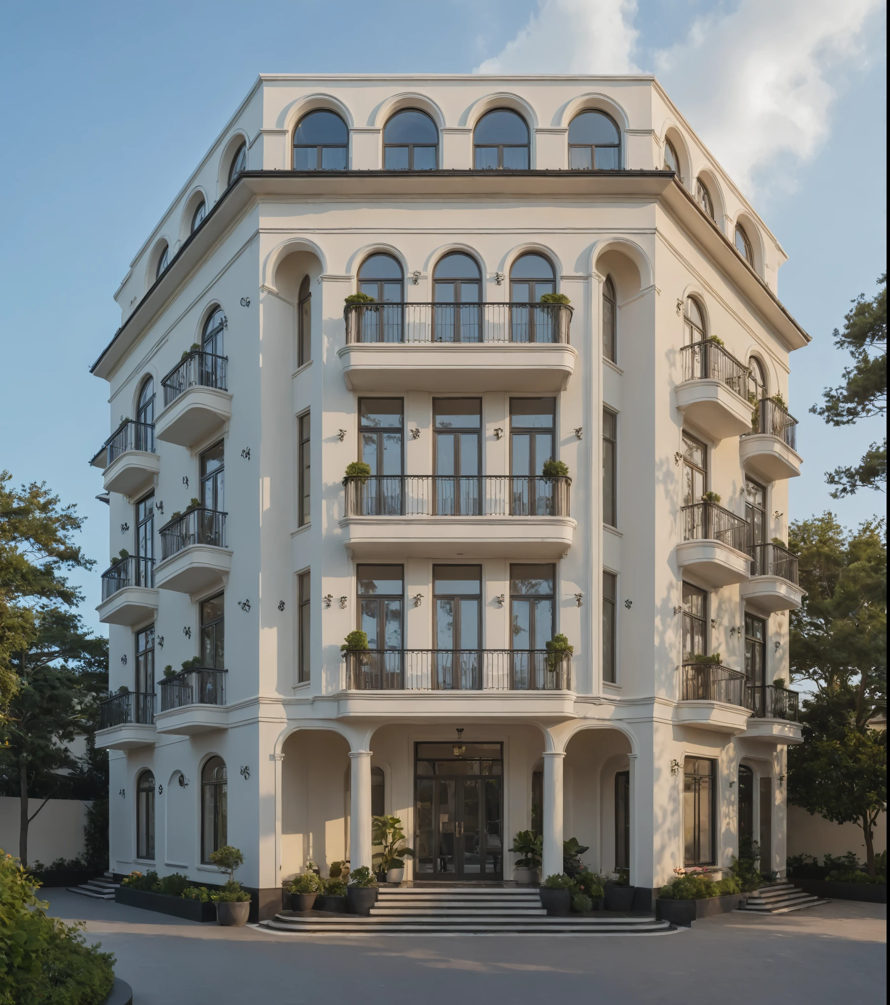 Raw photo, Masterpiece, high quality, best quality, authentic, super detail,
outdoor, Neoclassical exterior, the hotel on the street, minimalist moulding, curved arch, 1st floor dark marble cladding, stone steps, decorative steel railing, nice detailed, no vibrating line,
pavement, trees, shrubs, plant pot, flowers, sky, daylight,