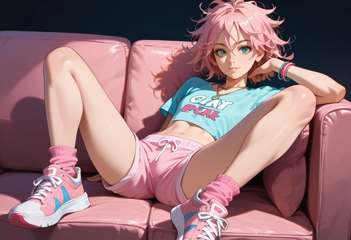 1 girl, wearing pink pajama shorts and cropped t-shirt, (flat chest), sitting on the sofa, spread legs, blond messy hair, necklaces, bracelets pink socks and sneakers