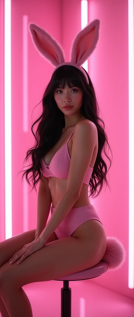 Beautiful girl, half Thai-Korean, perfect figure, C cup breasts, no clothes on, oil all over her body, 2 hands holding her breasts, standing in a pink bathroom.