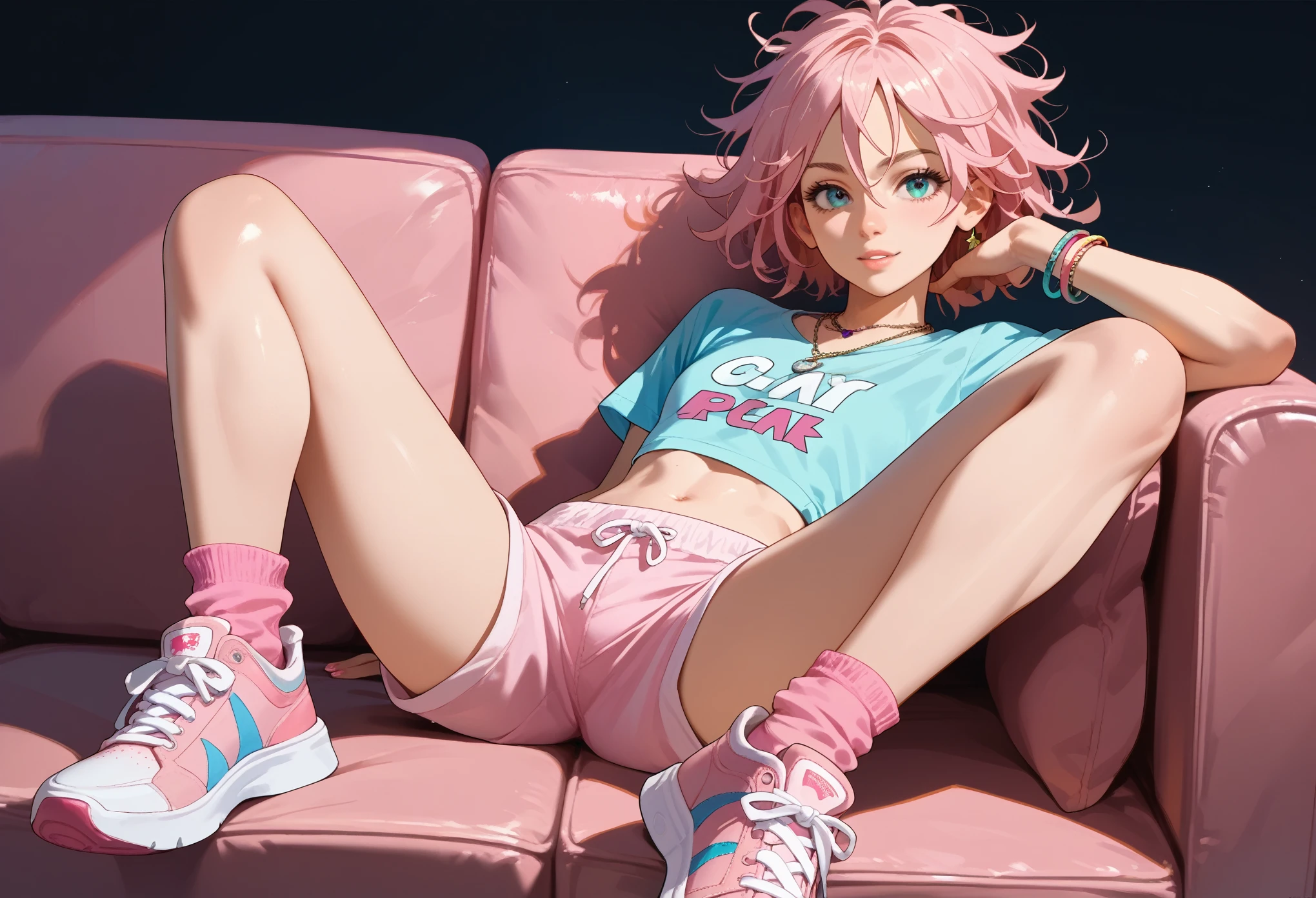 1 girl, wearing pink pajama shorts and cropped t-shirt, (flat chest), sitting on the sofa, spread legs, blond messy hair, necklaces, bracelets pink socks and sneakers