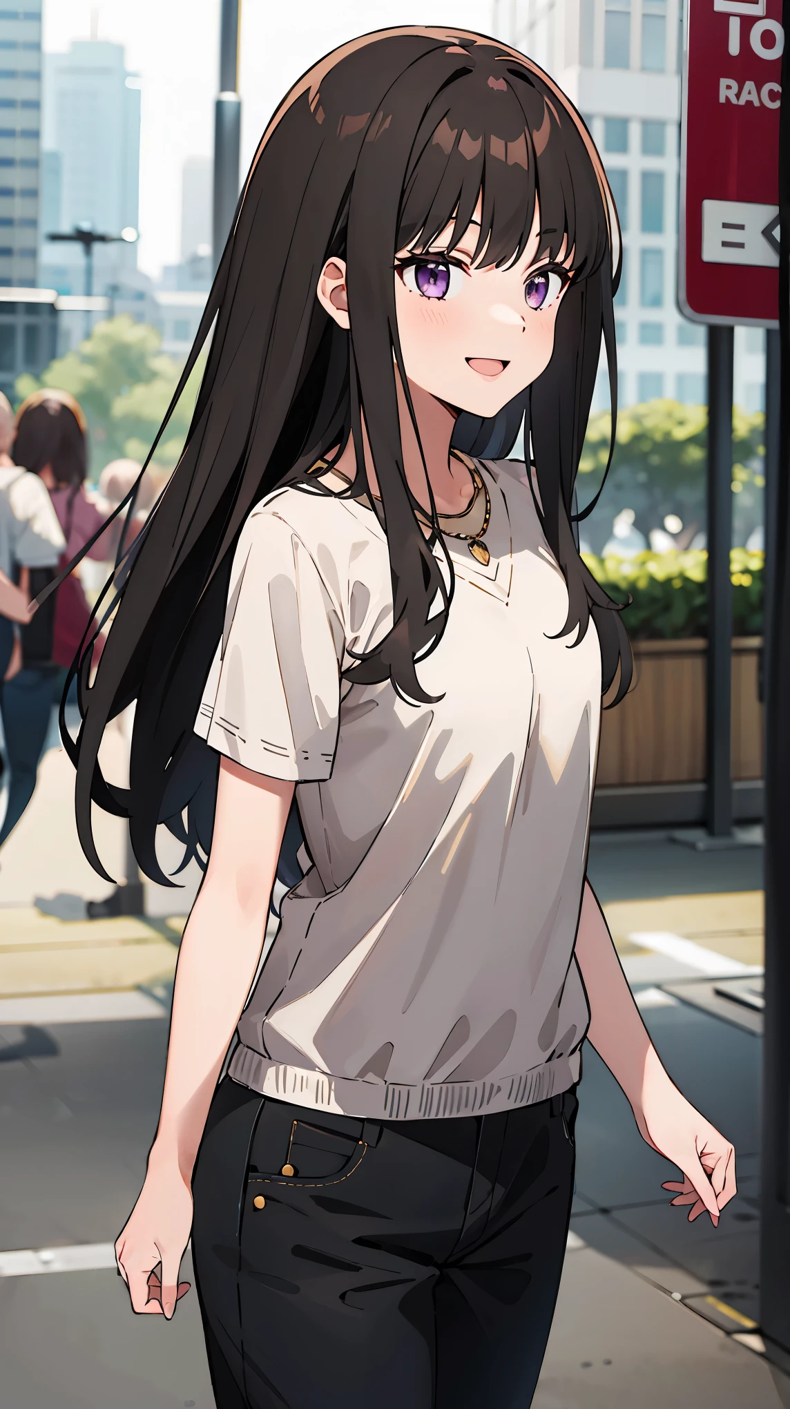 ((masterpiece, best quality, highres)), depth of field, 
BREAK, 1girl, standing, cowboy shot, close mouth, smile,
BREAK, (outdoor, city),   
BREAK, takina inoue, purple eyes, black hair, long hair, 
BREAK, private clothes, T-shirt, pants, necklace,