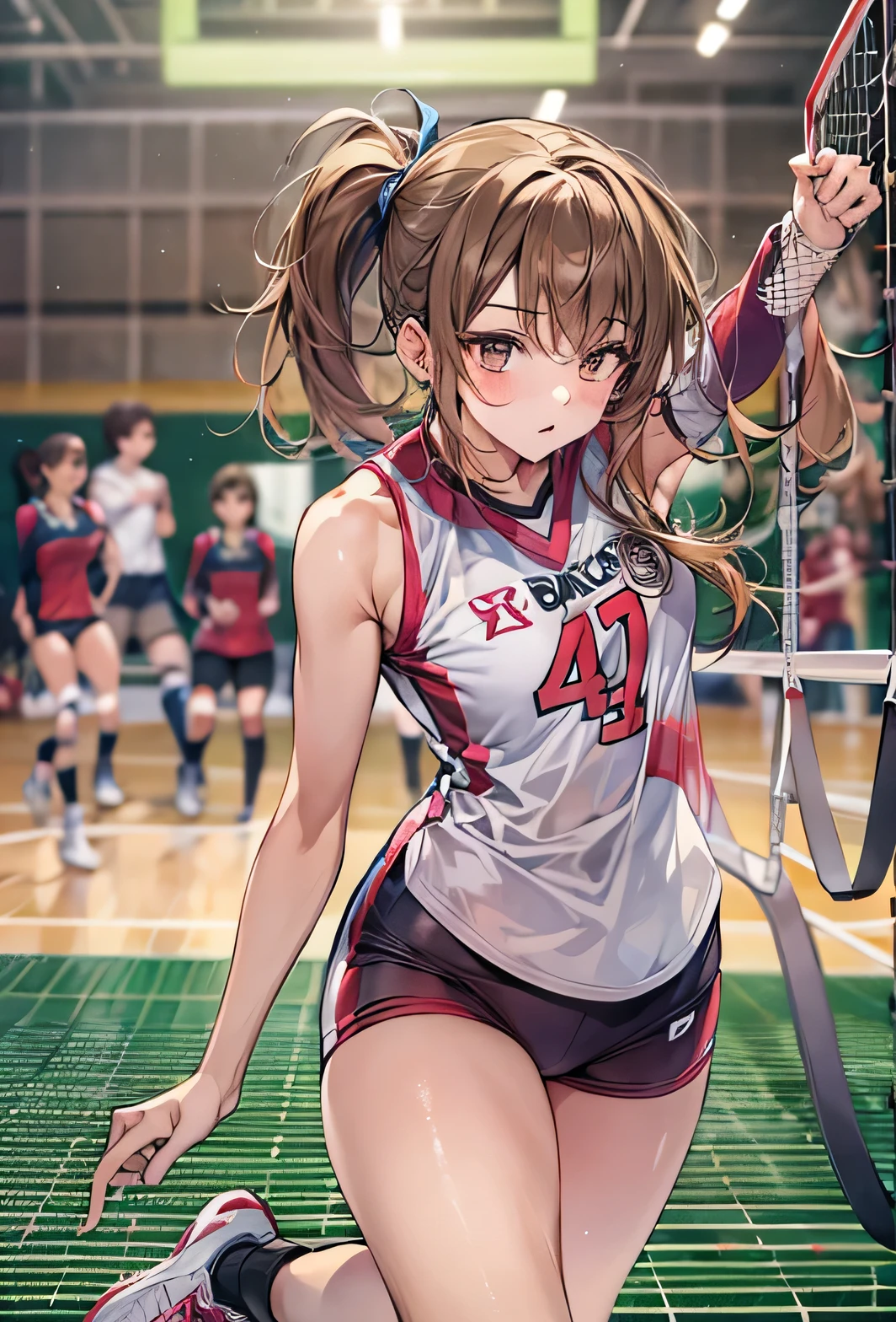 (Dynamic composition), Cowboy Shot, Advanced Details, high quality, masterpiece, 1 female, Anime girl is a volleyball player, A girl is receiving, Volleyball Uniforms, Tie your ponytail, Brown Hair, Messy hair tied up in a ponytail, Sneakers, Natural Makeup, In the gym, Illuminated by the lights of the gym at night