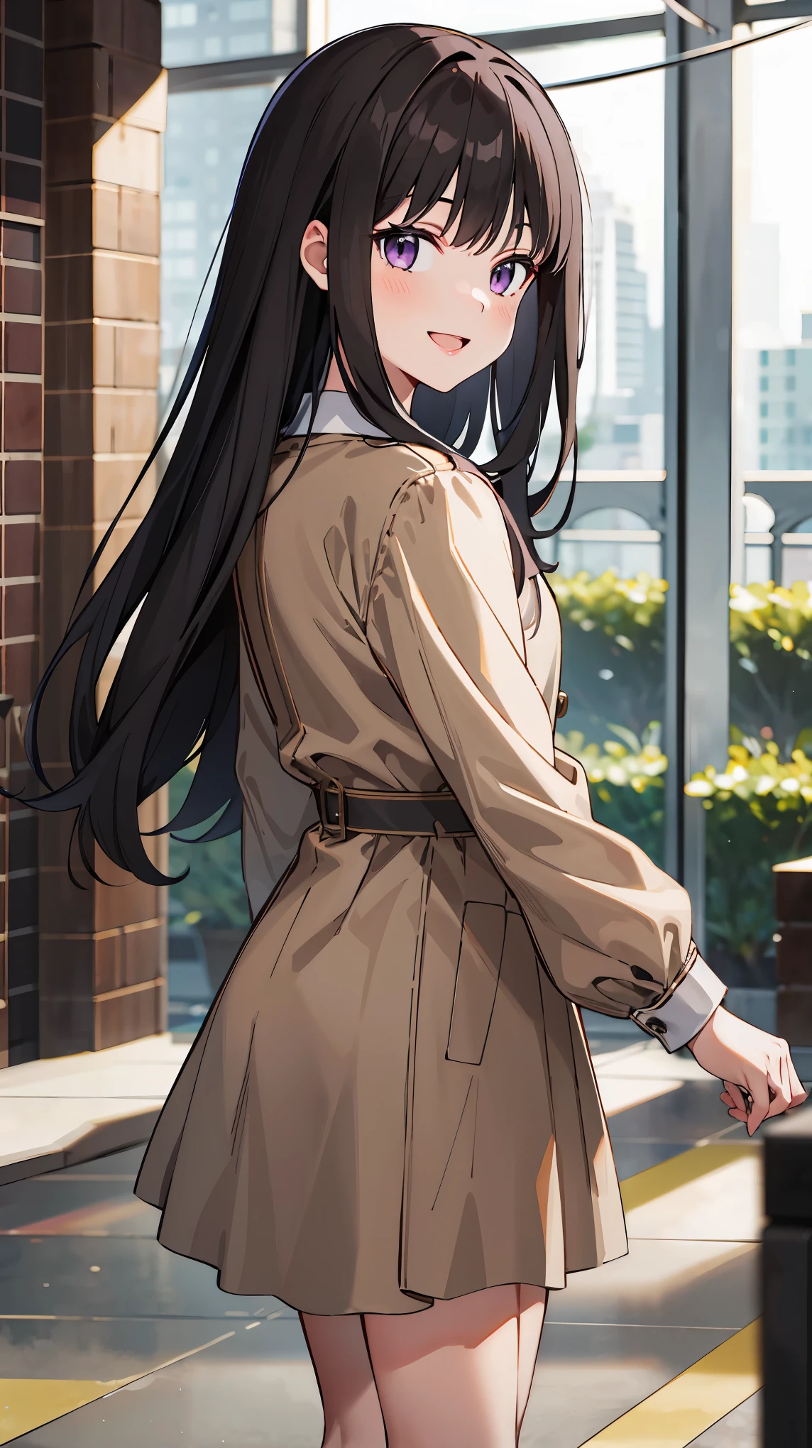 ((masterpiece, best quality, highres)), depth of field, 
BREAK, 1girl, standing, cowboy shot, close mouth, smile, 
BREAK, (outdoor, city),   
BREAK, takina inoue, purple eyes, black hair, long hair, 
BREAK, ((private clothes)), (casual dress), 